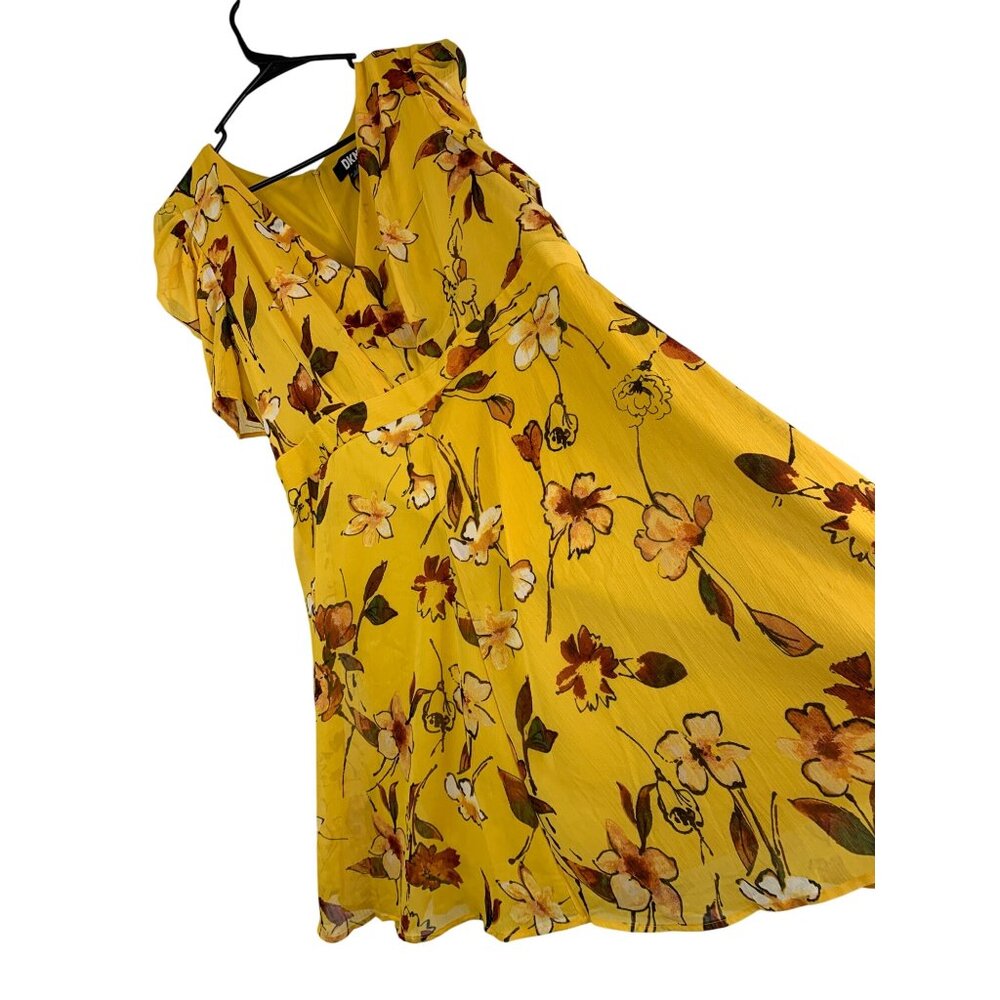 DKNY Gold Chiffon Floral Mini Dress Size 14 $129 RD10174 V-neck Short Sleeve